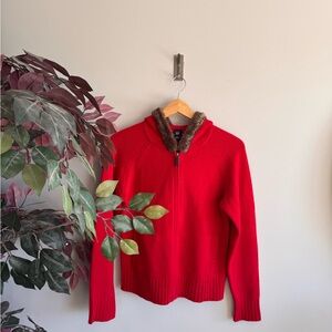 Gap Red Zip-Up Sweater lambswool with Faux Fur Collar